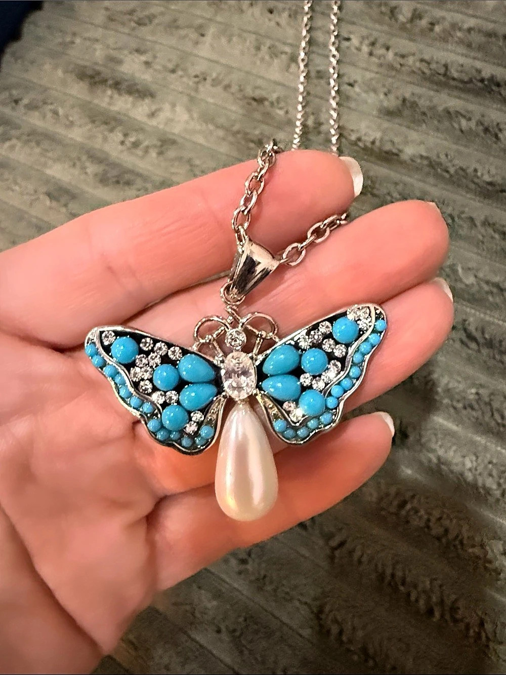 Butterfly Pendant Necklace in Blue & Silver